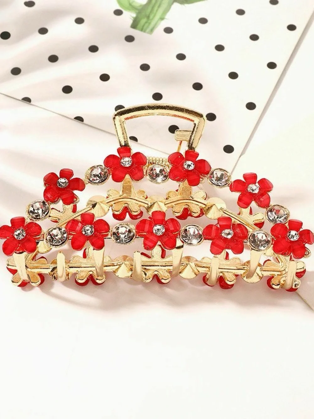 New🌟Anthropologie-Gold Floral Hair Clip with Red Flower Accents
